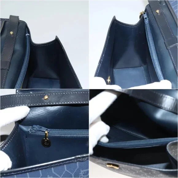 Christian Dior Honeycomb Canvas Hand Bag PVC Leather 2way Gold Navy Auth BA1515